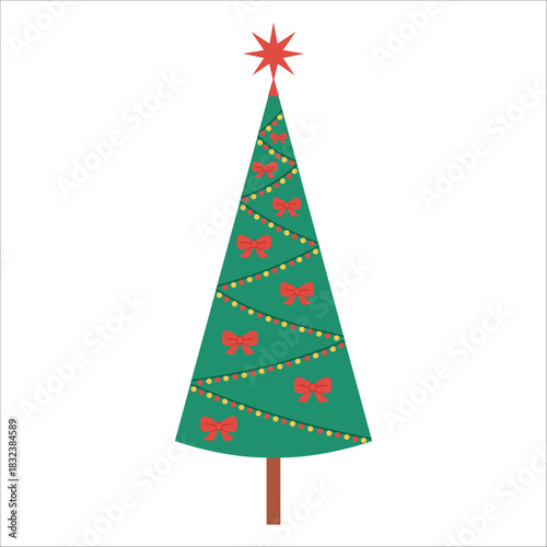 Simple slim Christmas tree decorated with garland, tiny red bows, star topper. Minimal and elegant illustration for card, banner, kids, holiday designs. Flat vector. Hand drawn. Isolated background.