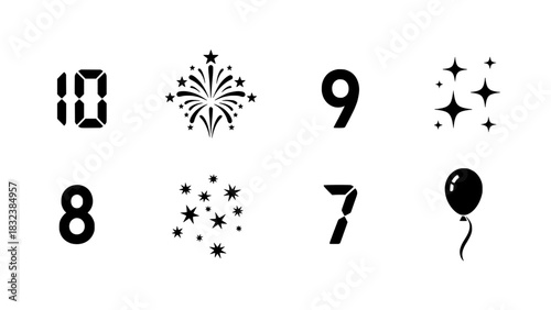Numbers and festive symbols like fireworks and balloons