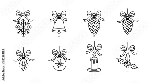 Elegant set of linear Christmas ornaments and holiday symbols