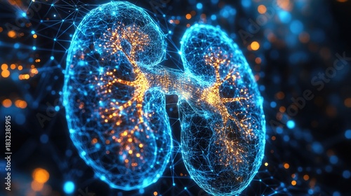 Blue High-Tech Digital Kidneys with Low Poly Wireframe on a blue Background. 3D Render with Polygon Mesh. With glowing connected lines