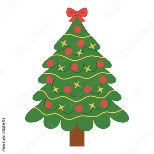 Lush Christmas tree decorated with red ornaments, yellow ribbons, stars. Bright, festive illustration for card, banner, kids, seasonal, holiday designs. Flat vector. Hand drawn. Isolated background.