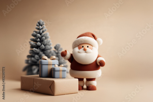 Festive 3D santa with christmas gift boxes beside a winter tree