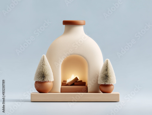 cozy 3D fireplace with warm christmas winter decor and soft miniature trees