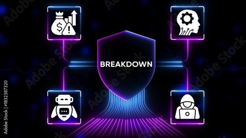 Digital breakdown concept with financial risk artificial intelligence cybersecurity and automation icons on a futuristic neon network background