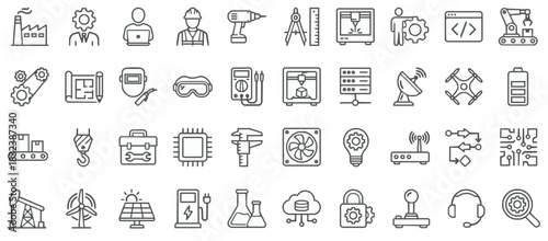 Engineering and industrial manufacturing line icon set featuring technology automation construction and mechanical tools vector collection
