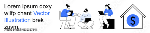 Remote work, teamwork, communication, digital workspace, financial planning, online tools. Group of people with laptops collaborating, stylized house with dollar sign. Remote work and financial