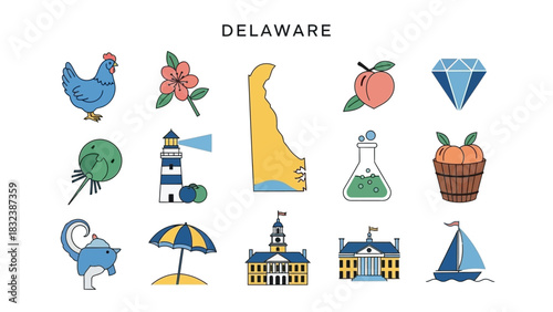 A vibrant collection of cartoon vector icons highlighting the diverse symbols and popular landmarks of the U.S. state of Delaware, perfect for travel guides and educational content
