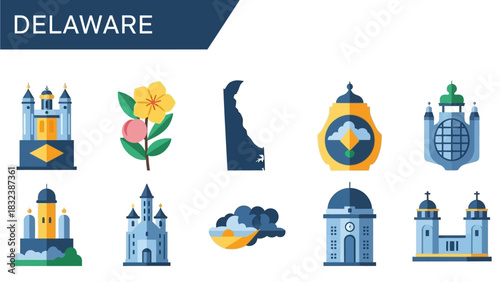 Delaware state travel icon set with famous landmarks, historic architecture, and cultural symbols in a flat design style