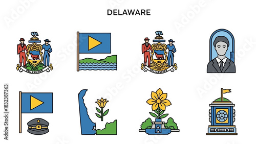 A diverse collection of flat vector outline icons showcasing official state emblems, flags, and cultural symbols, ideal for digital design projects, educational resources, and graphic applications