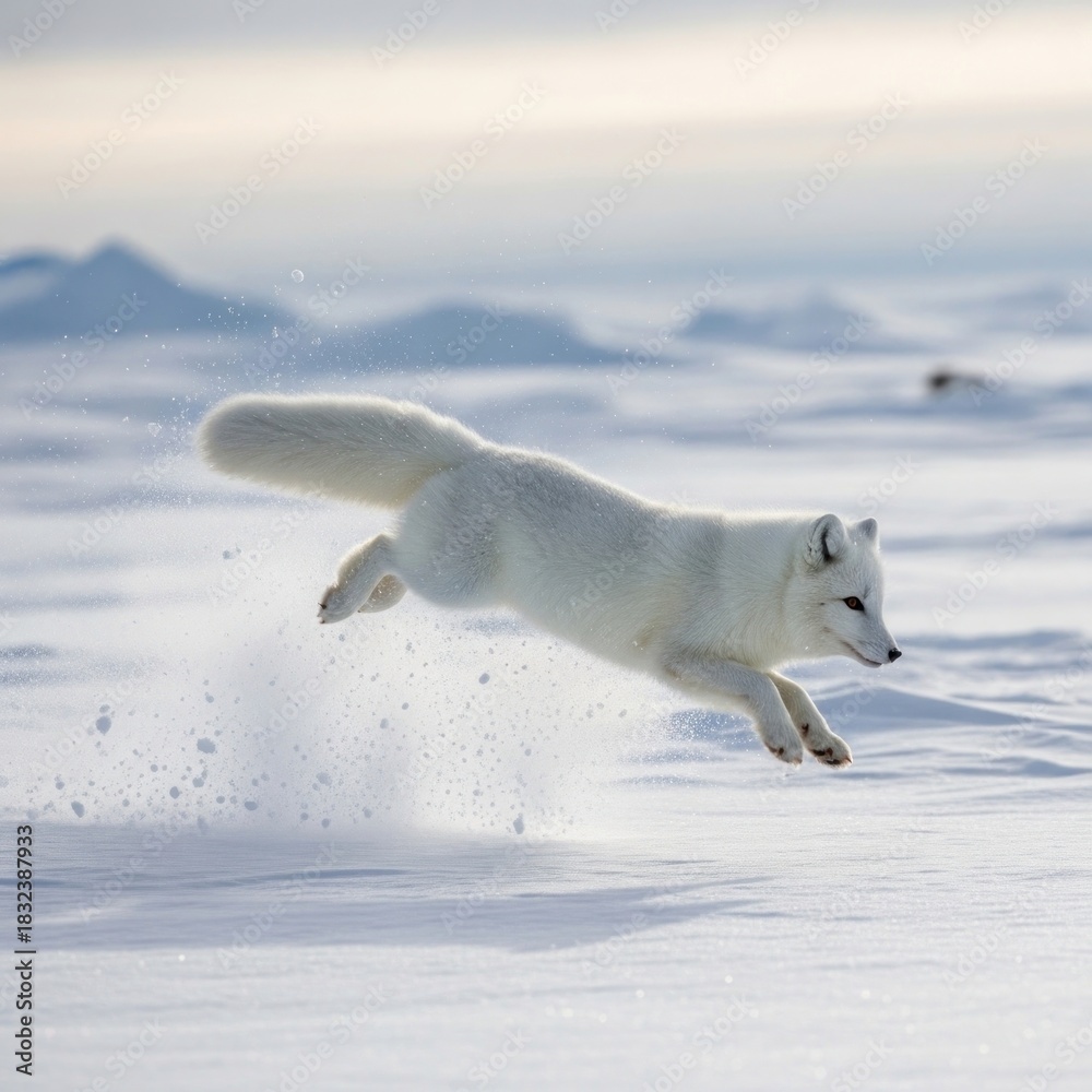 Naklejka premium Arctic Fox Leaping Through Snow Covered Landscape in Winter.