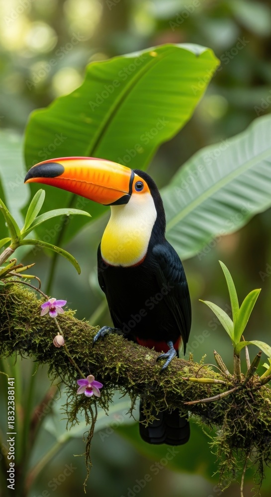 Fototapeta premium Vibrant Toucan Perched on Mossy Branch in Lush Rainforest.