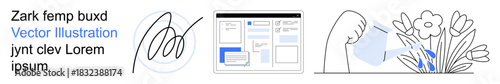 Work processes, sustainability, digital tools, e-signature, online user interface, gardening. Digital signing, online forms and watering plants. Digital tools and sustainability concept