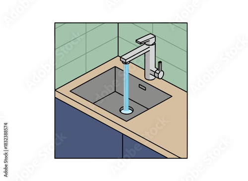 Isometric View of a Modern Faucet Pouring Water Into a Stainless Steel Sink Against a Tiled Wall and Cabinet Background