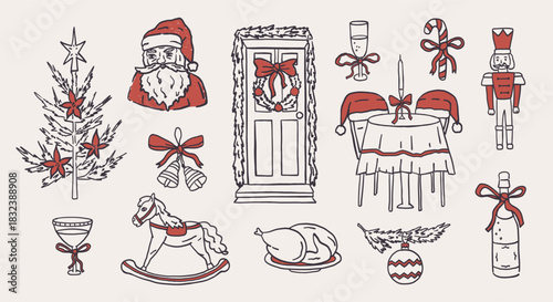Christmas hand drawn whimsial sketch elements with Santa, holiday table and nutcracker character. Vintage illustration in black and red color