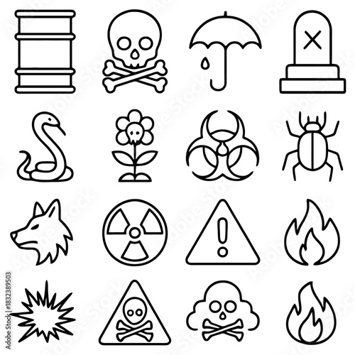Warning Signs Icon Set: A comprehensive collection of meticulously crafted warning signs and symbols, designed to immediately convey potential hazards.