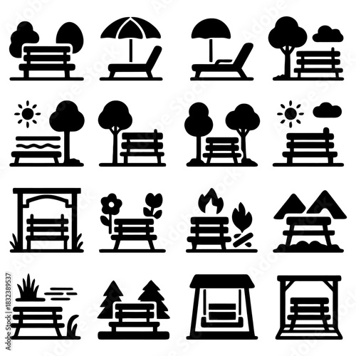 Park Bench Icons: A collection of various park bench icons in black and white, depicting diverse outdoor settings and associated elements, such as trees, sunshades, and sun.
