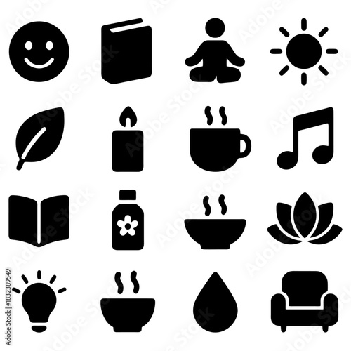 Serene Wellness Icons: A set of evocative icons embodies a holistic approach to relaxation and well-being. Capturing the essence of inner peace, mindfulness, and the simple joys of life.