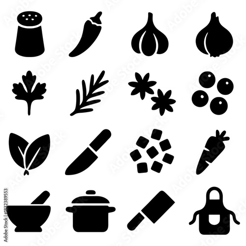 Culinary Symphony: a detailed monochrome image of a medley of essential cooking ingredient, featuring kitchen equipment, from the chef's arsenal.
