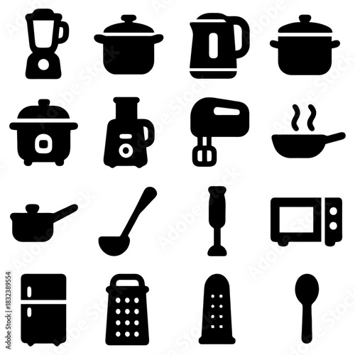 Kitchen Tools: A detailed collection of essential kitchen tools, providing visual guide to cooking essentials. Including a variety of equipment for food preparation and culinary tasks.