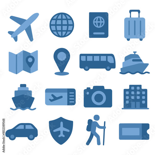 Travel Icon Set: This vibrant illustration offers a collection of essential travel icons, perfect for representing diverse aspects of journeys and adventures.