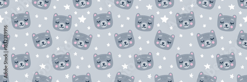 Adorable bear face seamless pattern with cute sleep teddy characters and stars background. Perfect for baby nursery textiles, kids pajamas, and childish wallpaper designs. Vector illustration