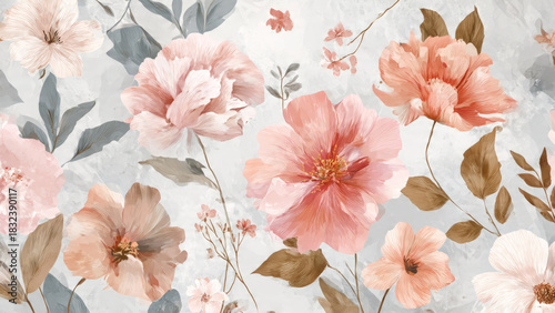 An elegant watercolor floral pattern features delicate blush, peach, and pink flowers with muted grey and brown leaves on a soft, textured background.