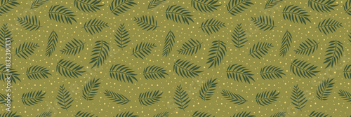 Seamless botanical pattern with dark green tropical leaves on an olive background. Natural, organic foliage design perfect for textiles, wrapping paper, wallpapers, and surface decor. Vector art