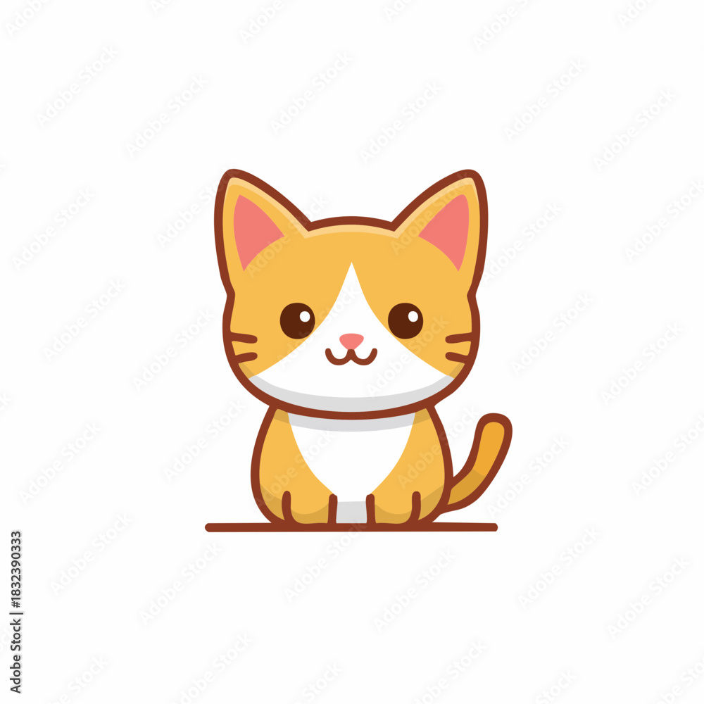 Fototapeta premium Cute cartoon ginger kitten with white chest sitting alertly simple illustration
