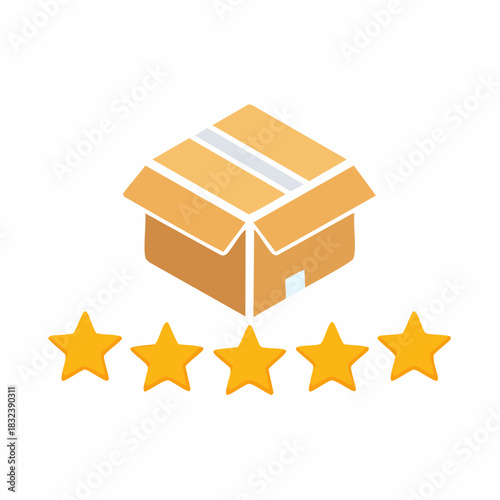 Open Cardboard Box Above Five Golden Stars Representing Excellent Product Delivery Rating