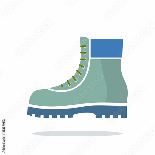 Stylized vector illustration of a sturdy green and blue hiking boot with laces perfect for outdoor adventures