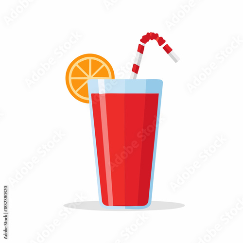 Vibrant Red Summer Drink with Orange Slice and Striped Straw Vector Illustration