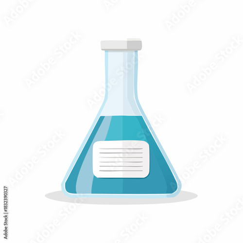 Science experiment Erlenmeyer flask containing blue liquid with a blank label flat vector illustration