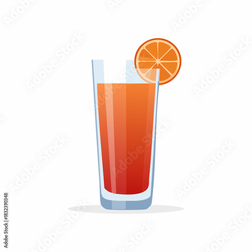 Vibrant orange juice or cocktail in a glass with a fresh citrus slice illustration