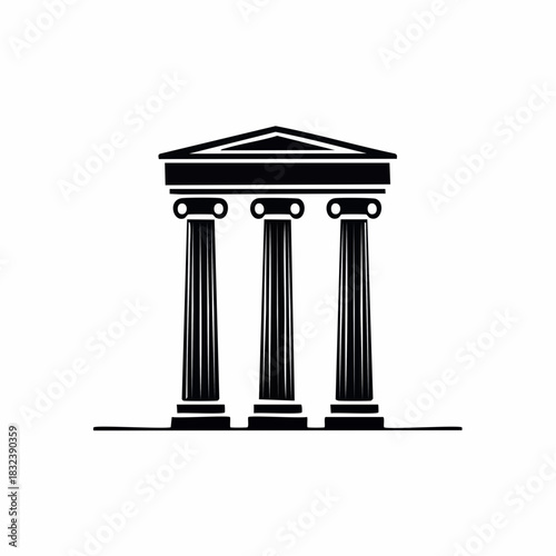 Monochrome silhouette of classical building with three columns and simple lines conveys history and strength representing law, education, and government