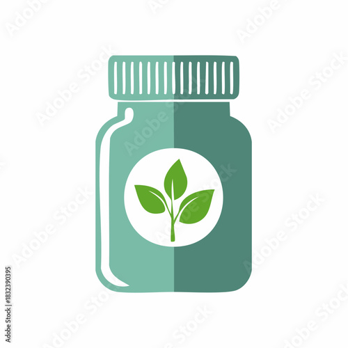 Green bottle icon with plant leaf symbol for organic natural herbal supplements or medicine