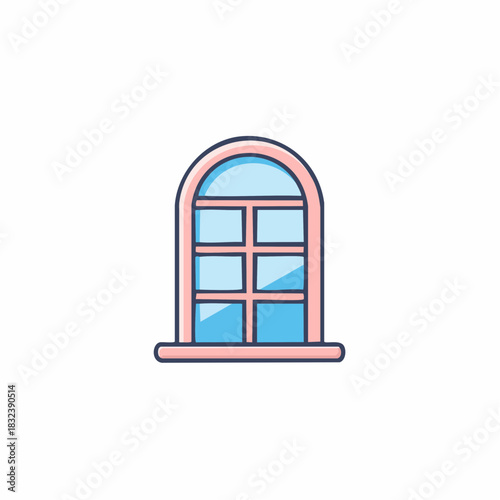 Cute Cartoon Arched Window Illustration with Pink Frame and Blue Glass Panes