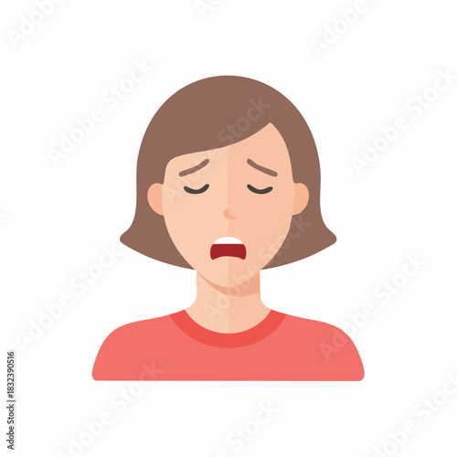 Flat design illustration of a sad crying or tired yawning woman with closed eyes