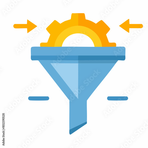 Abstract icon of a blue funnel and yellow gear mechanism with arrows depicting input and process flow leading to refined output