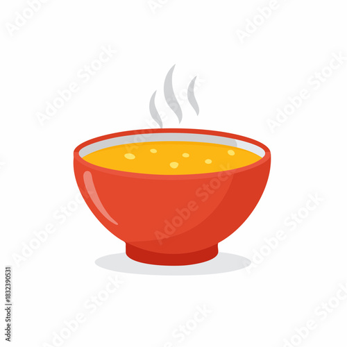 Delicious steaming hot yellow soup in a vibrant red bowl, a comforting warm meal graphic.