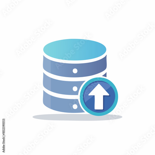 Database server with upload arrow icon for data storage and management concept