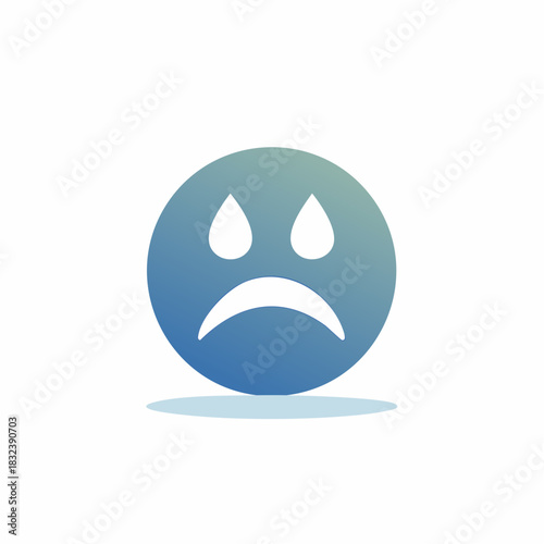 Blue gradient sad face emoji illustration with tear drops and unhappy expression