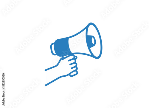 Hand Holding a Blue and White Megaphone Against a Black Background Vector Illustration