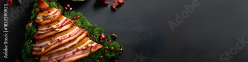 Men's Christmas. Sliced bacon Christmas tree. Christmas banner for men