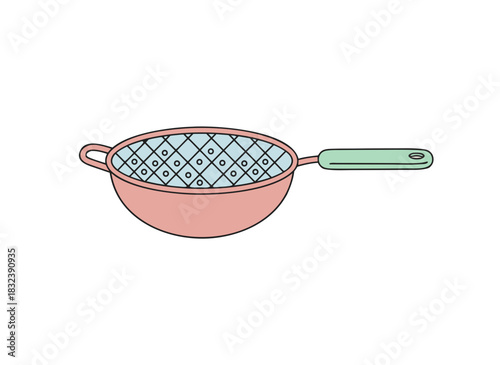 Simple Flat Vector Illustration of a Pink and Green Colander Centered Isolated on a Light Background with Blue Grid Pattern Inside Showing Water Droplets