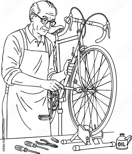 Elderly man meticulously repairing bicycle wheel with tools and oil.