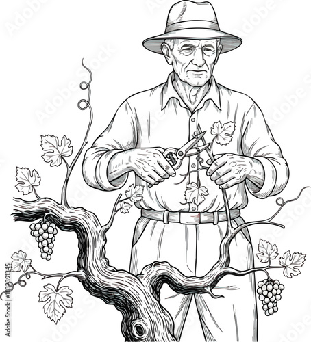 Elderly Man Pruning Grapevine with Shears in Vineyard.