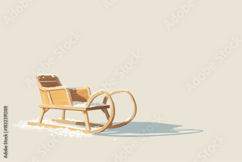 Vintage wooden sled with snow, nostalgic winter scene on light background for greeting cards, packaging, and web banners