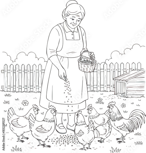 Elderly woman in an apron feeding a flock of chickens and a rooster.