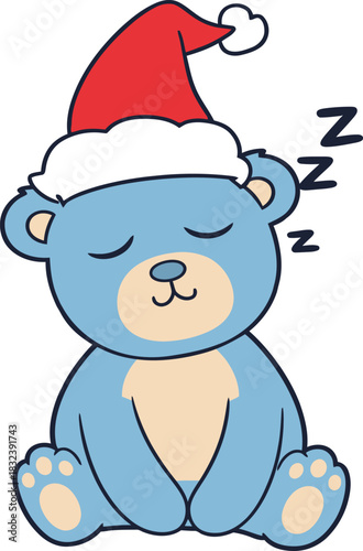 Sleeping cartoon blue bear wearing a Santa hat with Zzzs Keywords: bear, cartoon, animal, christmas