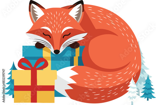 Sleeping fox on Christmas presents with pine trees on white background napping resting